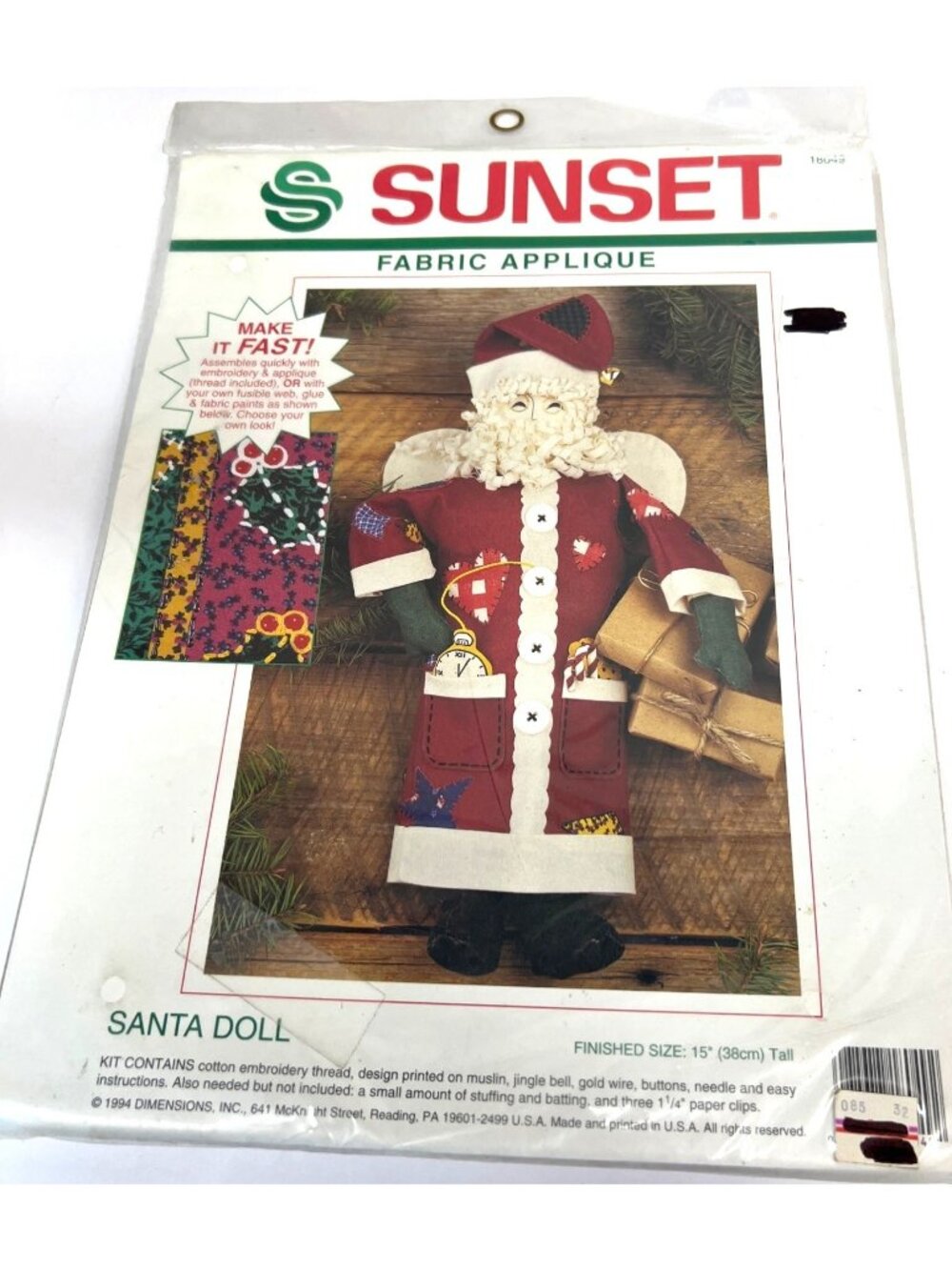 Sunset Fabric Applique Santa Doll Kit 15" Tall